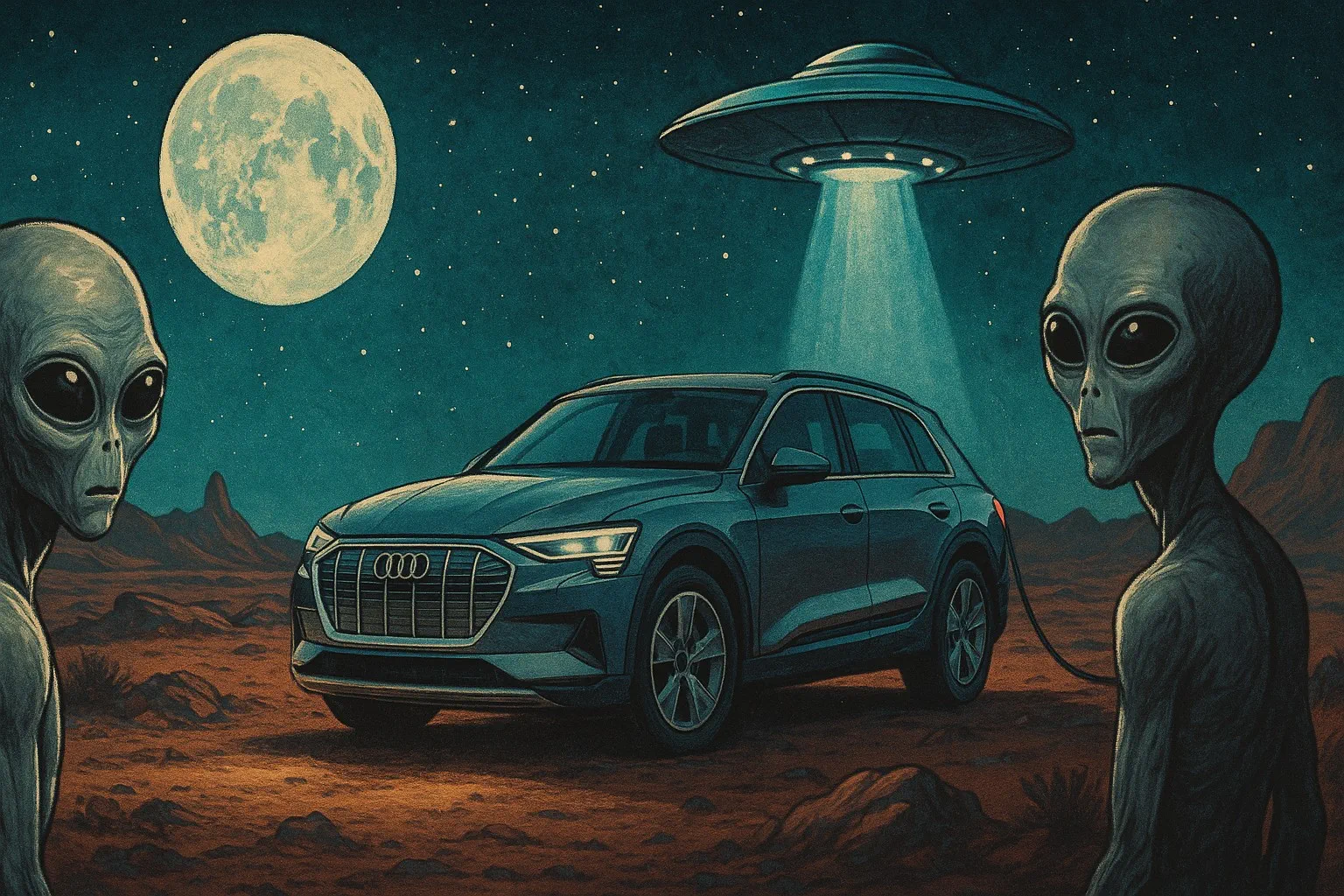 Extraterrestres en primer plano con un audi cargando eléctrico