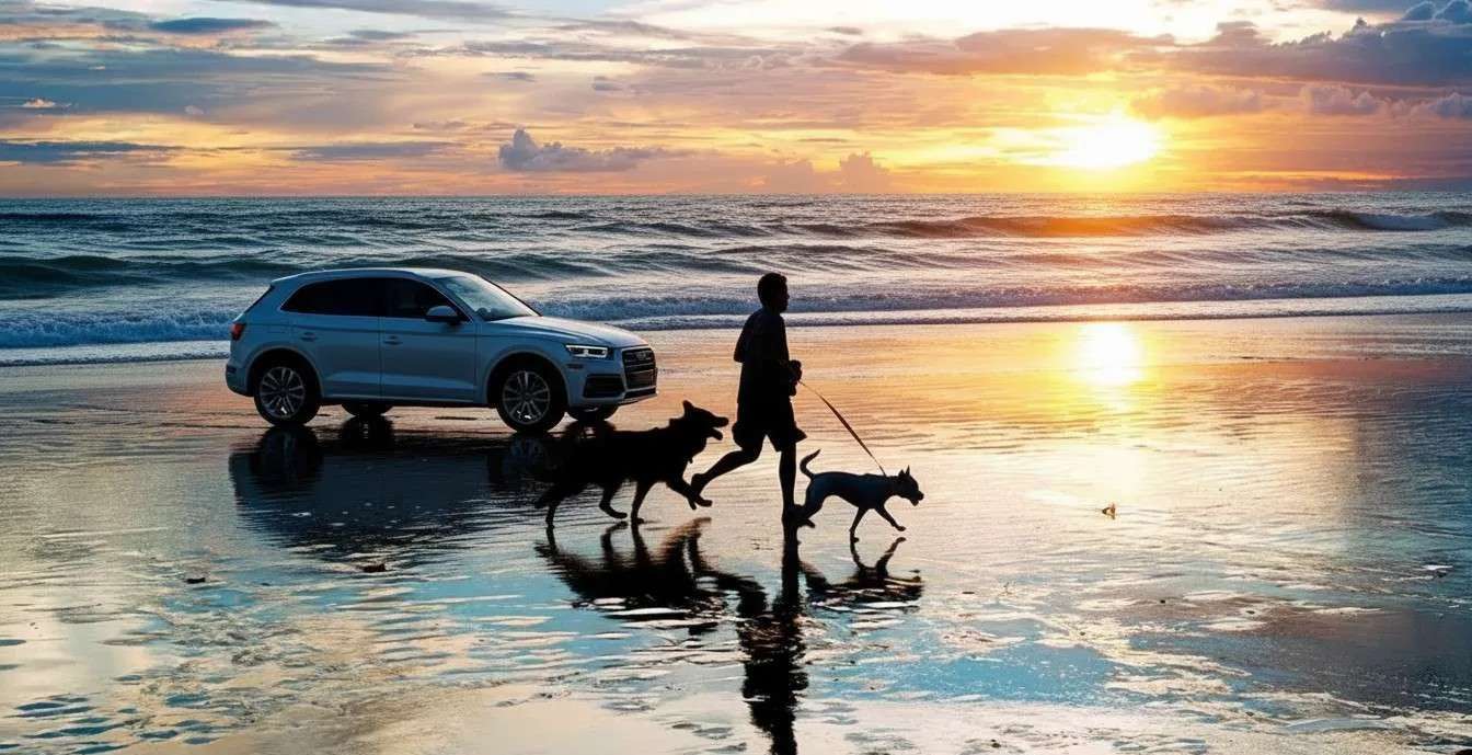 Persona y dos perros corriendo en playa al atardecer, con Audi Q3 en la arena.