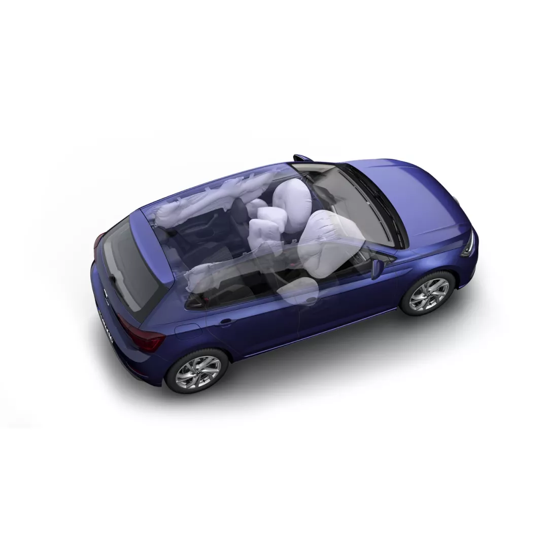 Automóvil de color azul con bolsas de aire desplegadas, representando la seguridad en un vehículo Volkswagen.