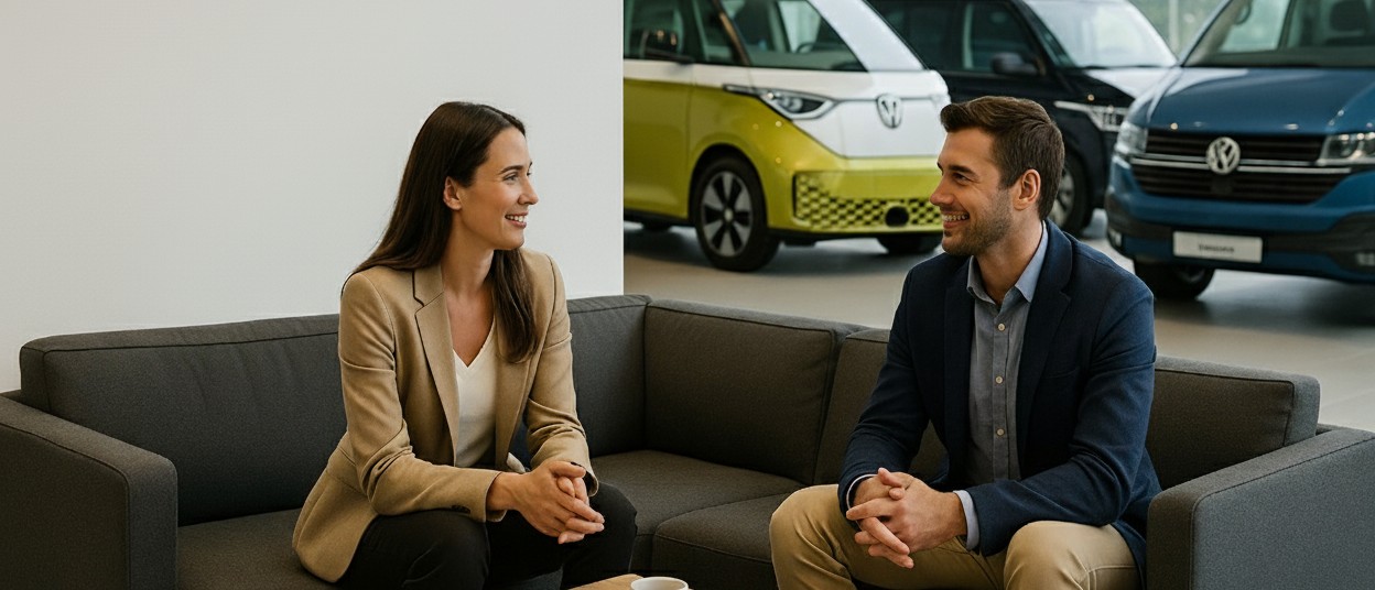 Imagen de dos personas sentadas en un sofá hablando con automóviles de Volkswagen Comerciales de fondo, en un concesionario
