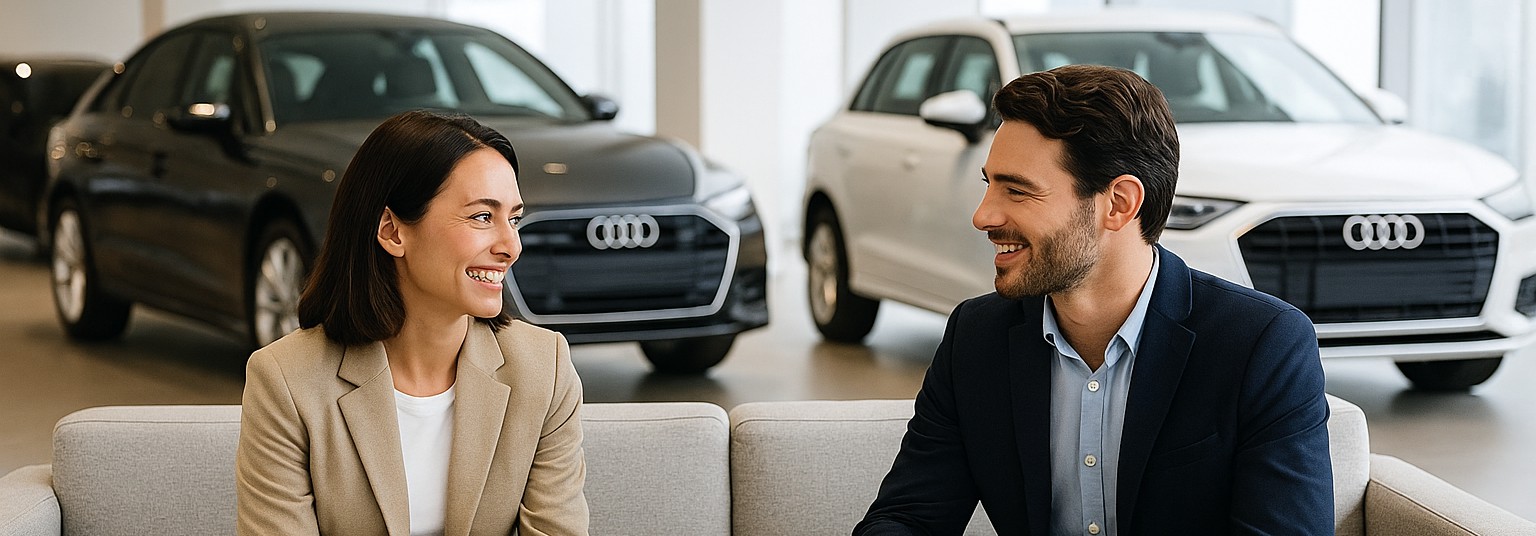 Una pareja sentada y sonriendo en una sala de exhibición de automóviles Audi.