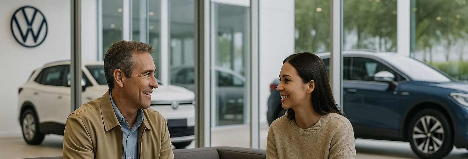 Dos personas sonrientes frente a una concesionaria Volkswagen, donde se puede ver un automóvil en el fondo.