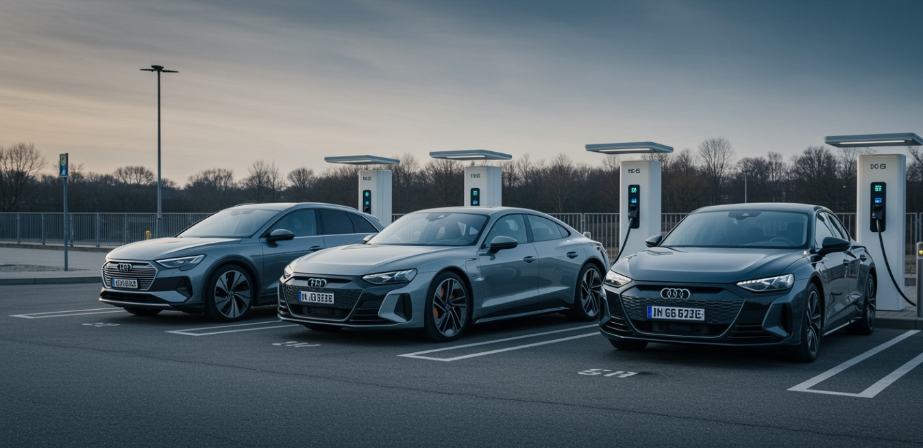 Tres Audi eléctricos cargando en estaciones de energía al atardecer