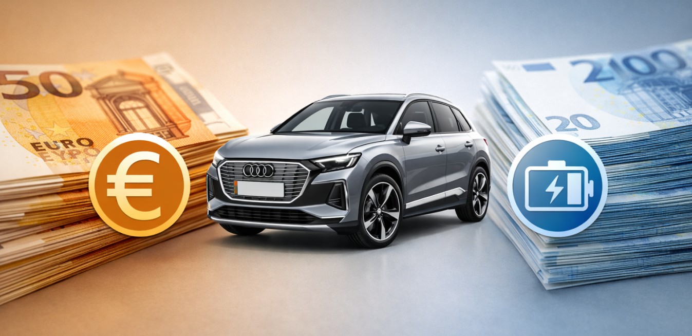 Audi eléctrico sobre pilas de billetes de euro con símbolos de moneda y recarga