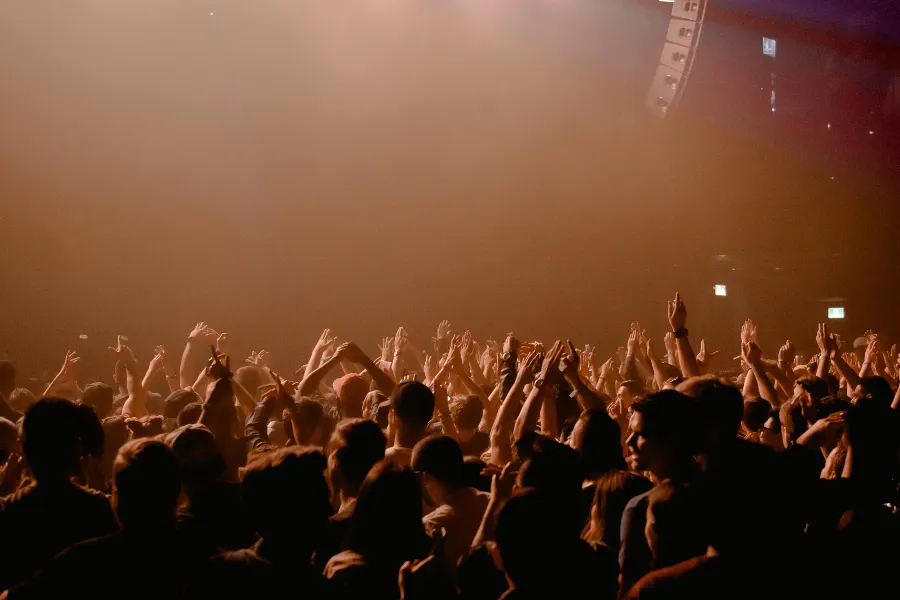 Multitud con manos levantadas en un concierto con luces cálidas.