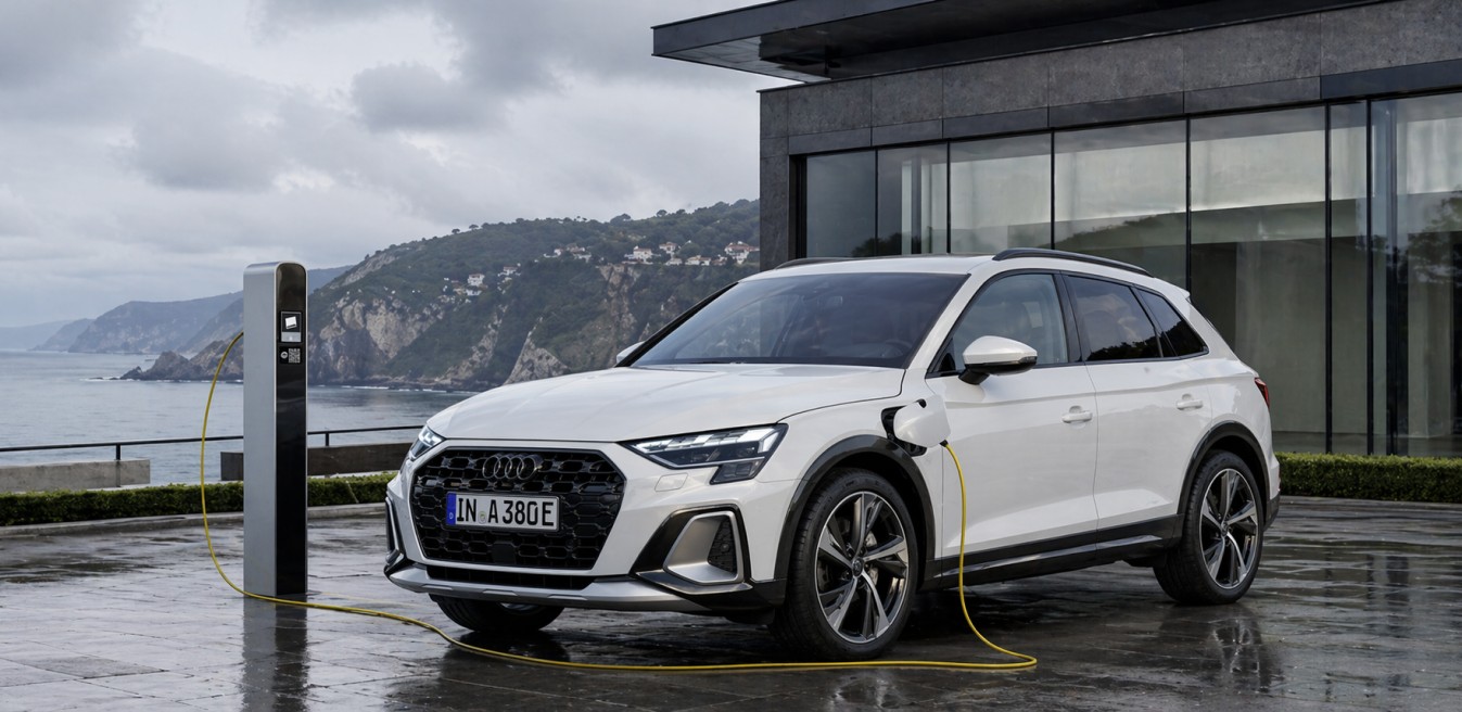 Audi Q4 e-tron blanco cargándose junto al mar