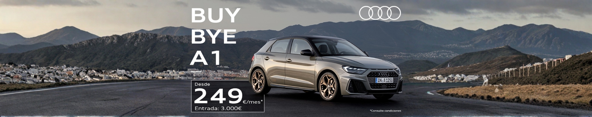 Audi A1 gris en carretera de montaña con oferta desde 249 euros mensuales