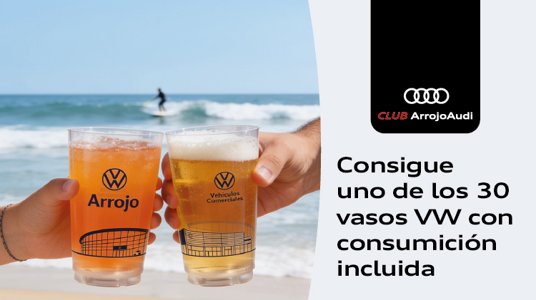 Dos vasos Volkswagen Arroyo en playa con surfista de fondo