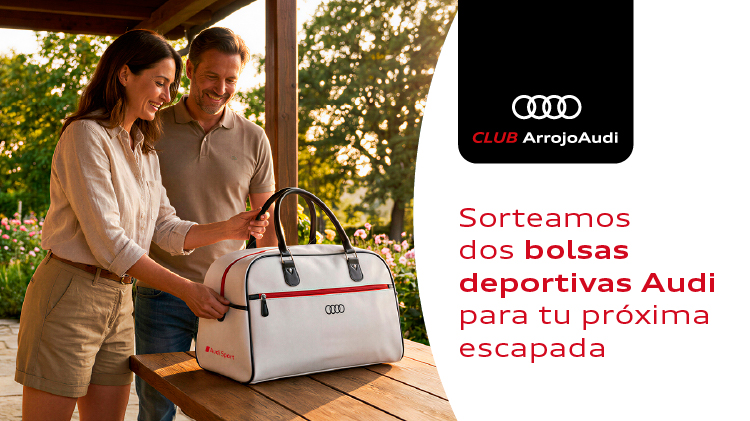 Pareja con bolsa deportiva Audi blanca en terraza de madera