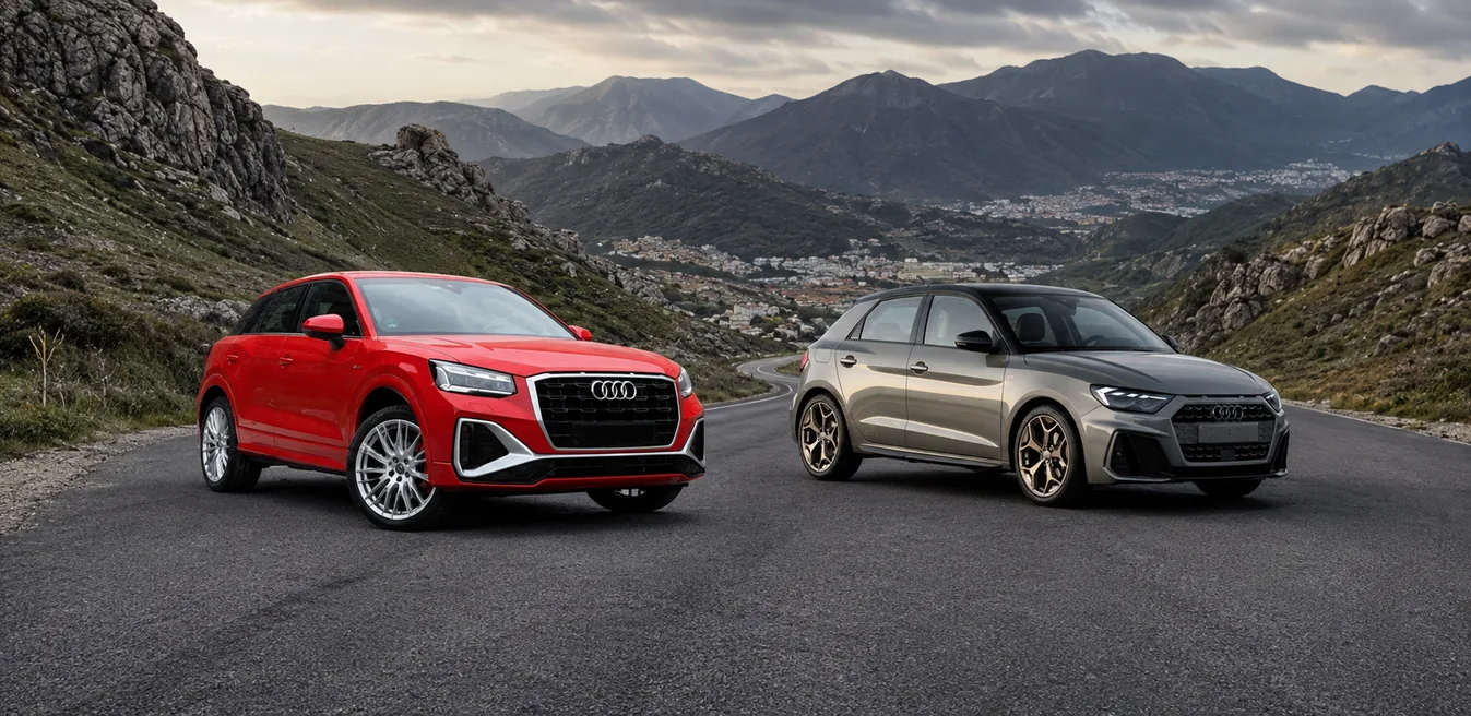 Audi A1 y Q2 rojo y gris en carretera de montaña con vistas al valle