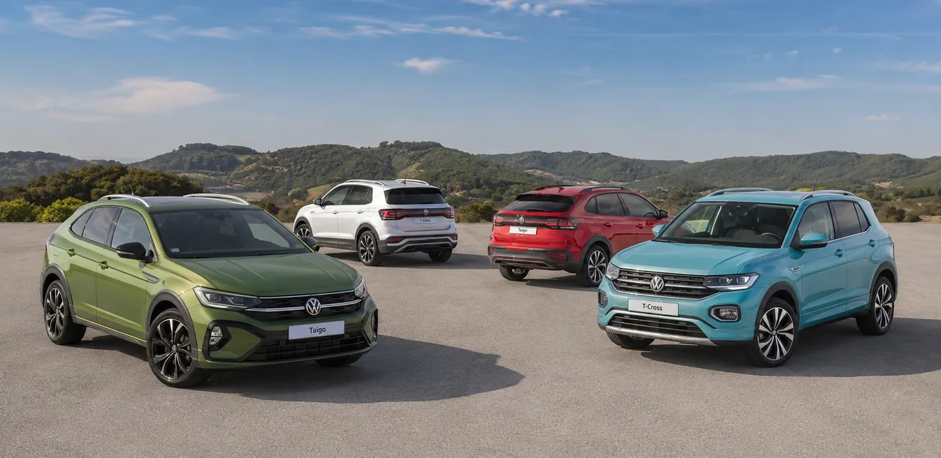 Volkswagen Taigo y T-Cross SUV compactos en grupo de cuatro colores diferentes
