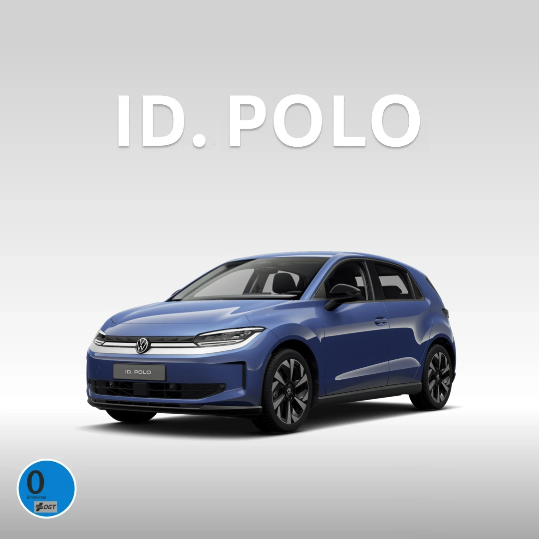 Volkswagen ID. Polo azul en vista frontal tres cuartos, con el rótulo ID. POLO y la etiqueta 0 de la DGT