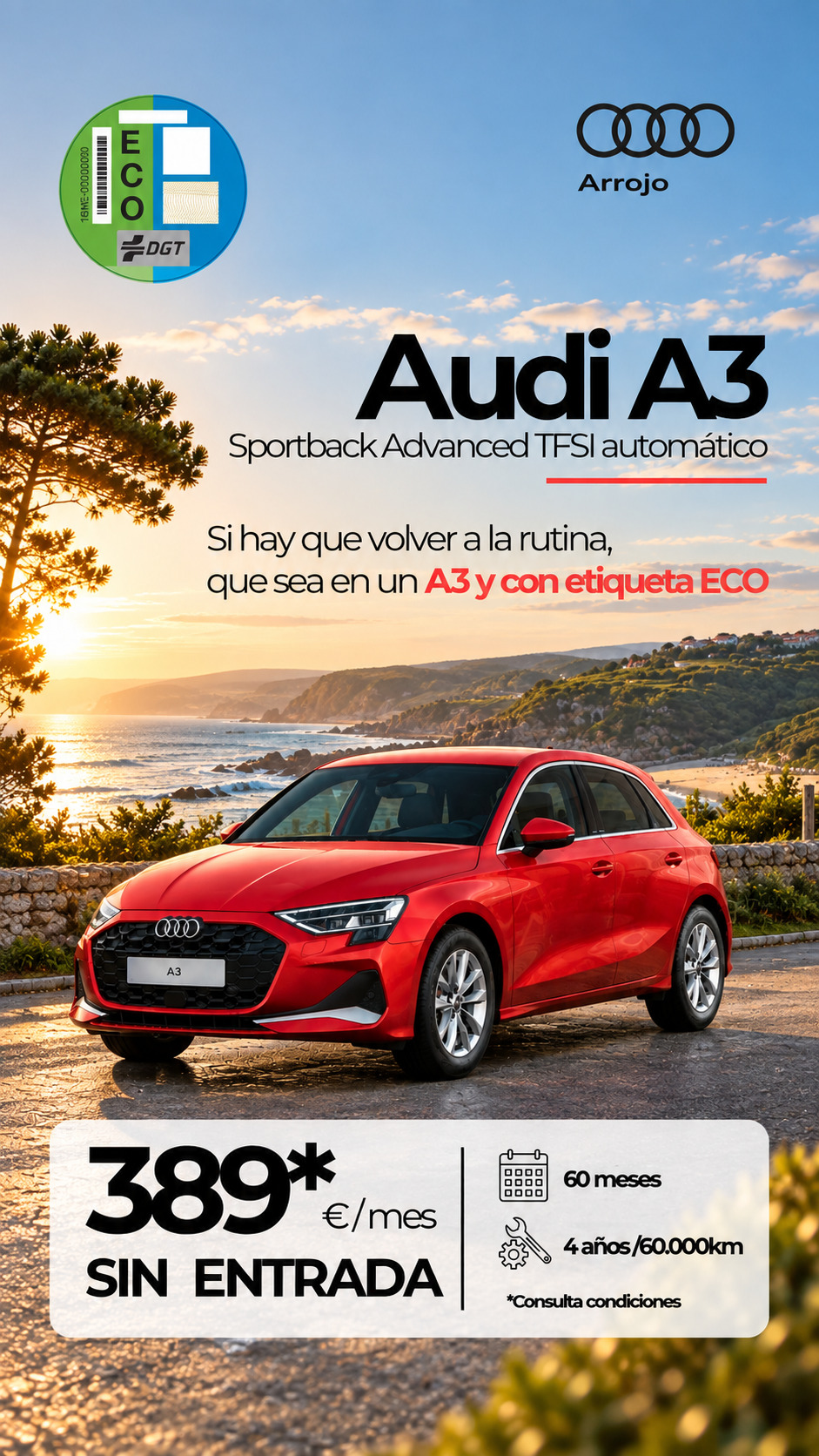 Audi A3 Sportback rojo junto a la costa: 389 euros al mes sin entrada, etiqueta ECO