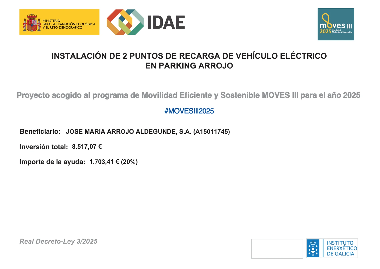 Cartel subvención MOVES III 2025: instalación de 2 puntos de recarga de vehículo eléctrico en parking Arrojo