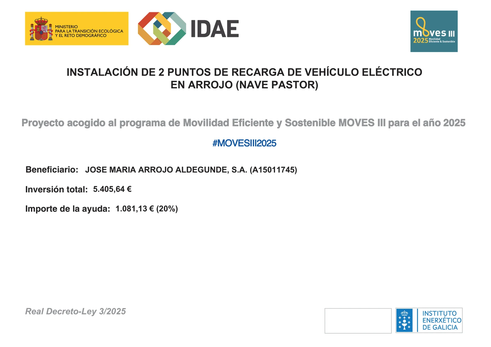 Cartel subvención MOVES III 2025: instalación de 2 puntos de recarga de vehículo eléctrico en Arrojo (nave Pastor)
