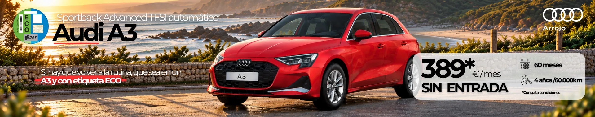 Audi A3 Sportback rojo junto a la costa: 389 euros al mes sin entrada, etiqueta ECO