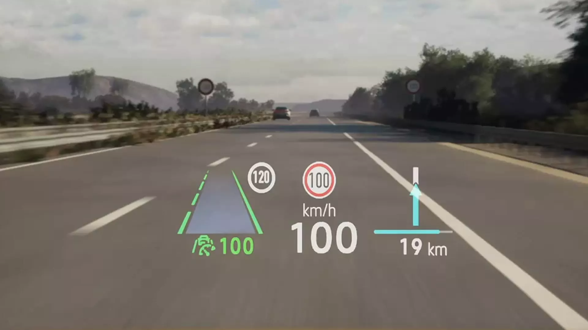 Pantalla head-up display del Volkswagen T-Roc mostrando velocidad y distancia en autopista