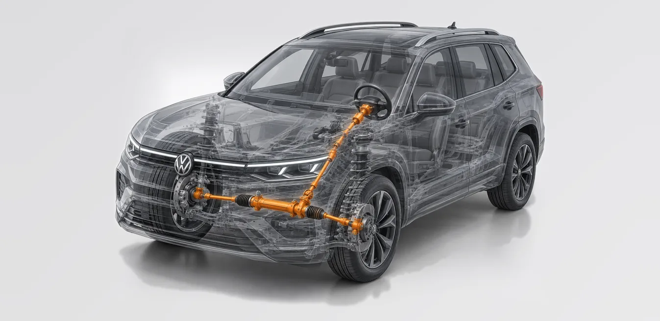 Sistema de dirección de un SUV Volkswagen, desde el volante hasta las ruedas delanteras